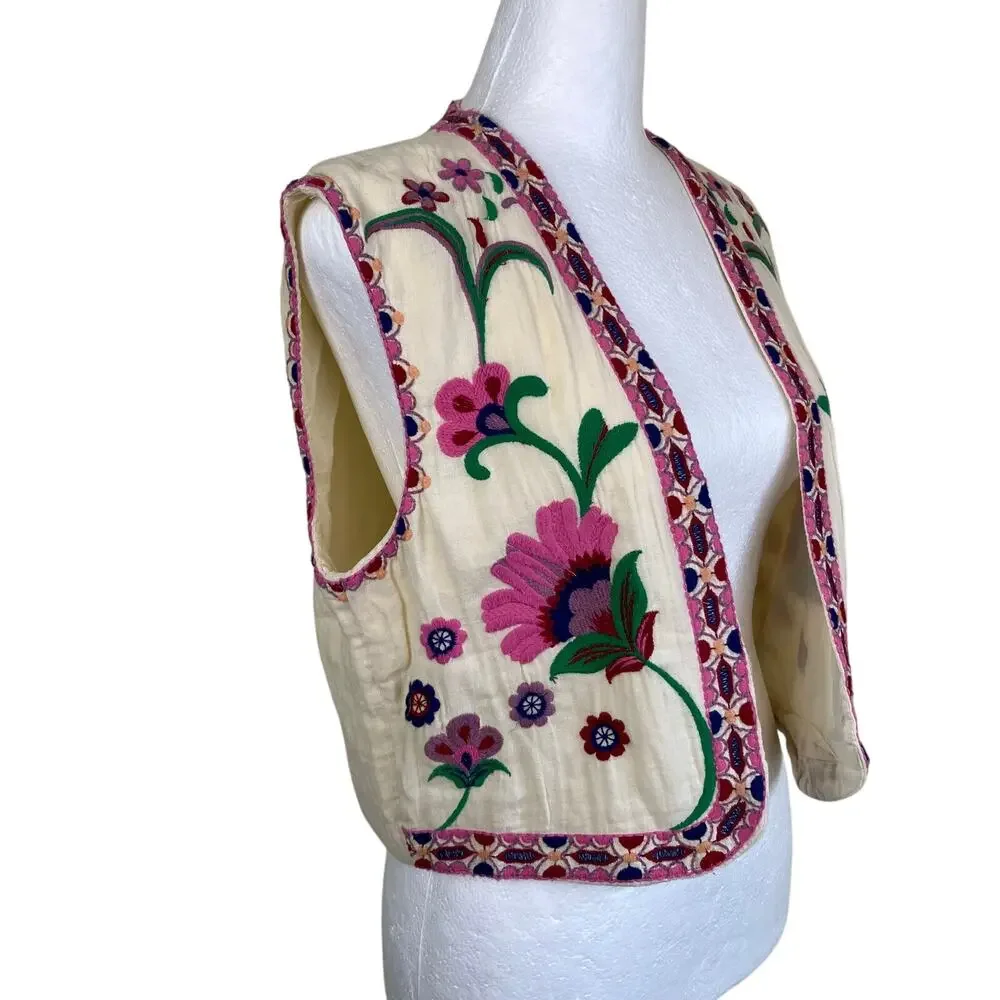 Zara Sz M Floral Embroidered Open Front Vest Cream Multicolor Folk Style - Picture 9 of 16
